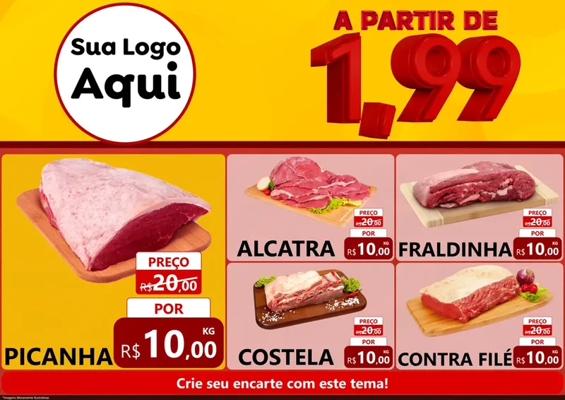 Modelo de Encarte para Encarte A4 Horizontal com o tema A Partir de Um e Noventa e Nove - 1,99 para Açougue