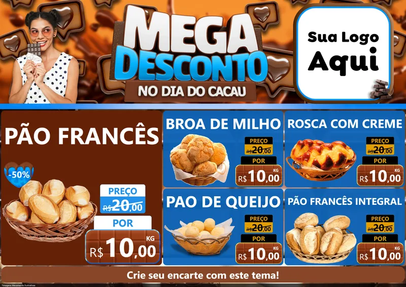 Modelo de Encarte para Encarte A4 Horizontal com o tema Mega Desconto no Dia do Cacau para Padaria