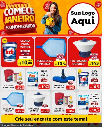 Modelo de Rede Social para Feed Instagram com o tema Comece Janeiro Economizando para Produtos para Piscina