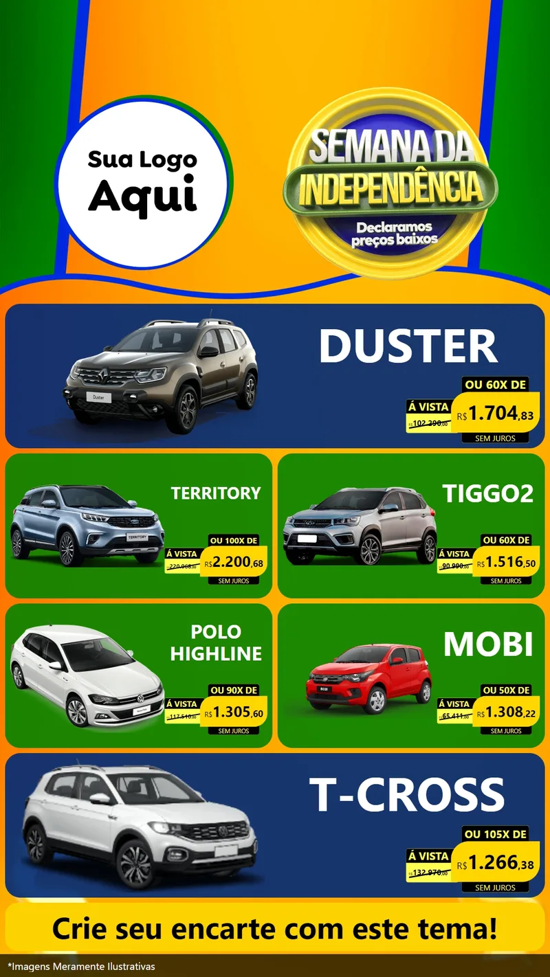 Modelo de TV para TV Vertical com o tema Semana da Independência Declaramos Preços Baixos para Concessionaria de Carros