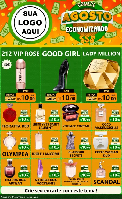 Modelo de Encarte para Encarte Grande com o tema Comece Agosto Economizando para Perfumes