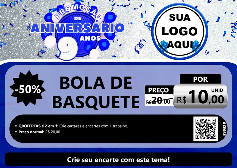 Modelo de Cartaz para Cartaz A4 Horizontal com o tema Promoção de Aniversário - 9 Anos para Artigos Esportivos