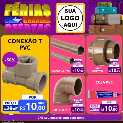 Modelo de Rede Social para Feed Facebook com o tema Férias com Grandes Ofertas para Tubos e conexões