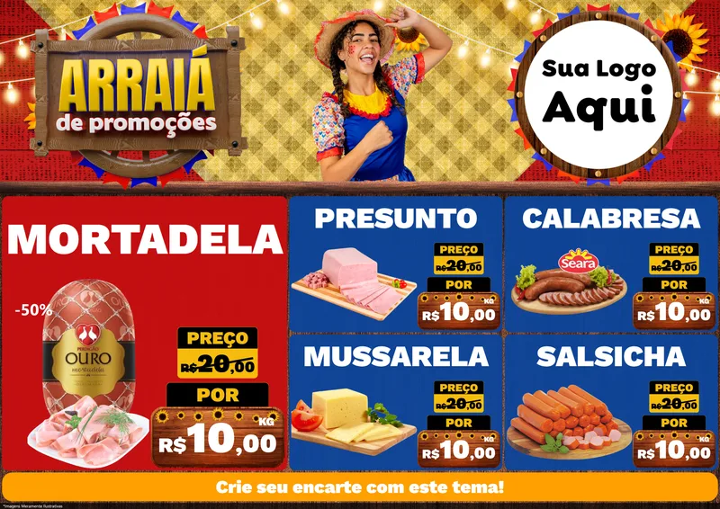 Modelo de Encarte para Encarte A4 Horizontal com o tema Arraiá de Promoções para Frios e Laticínios