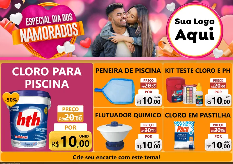 Modelo de Encarte para Encarte A4 Horizontal com o tema Especial Dia dos Namorados para Produtos para Piscina
