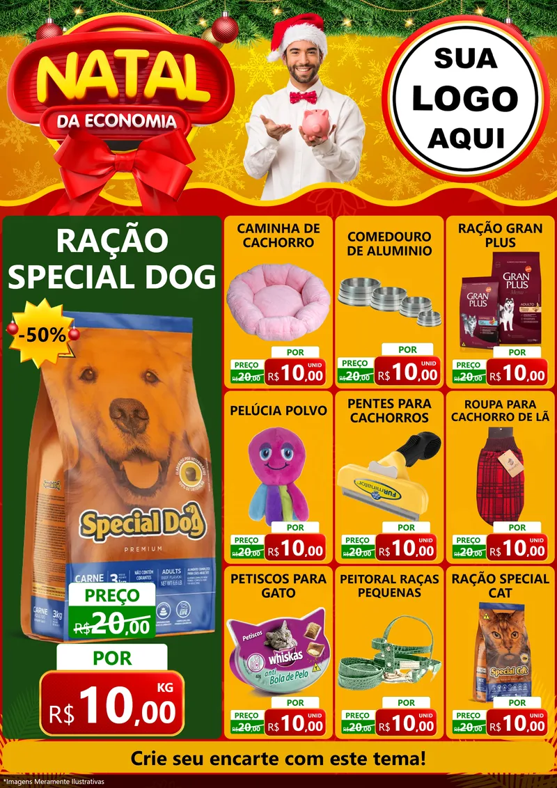 Modelo de Encarte para Encarte A4 Vertical com o tema Natal da Economia para Pet Shop