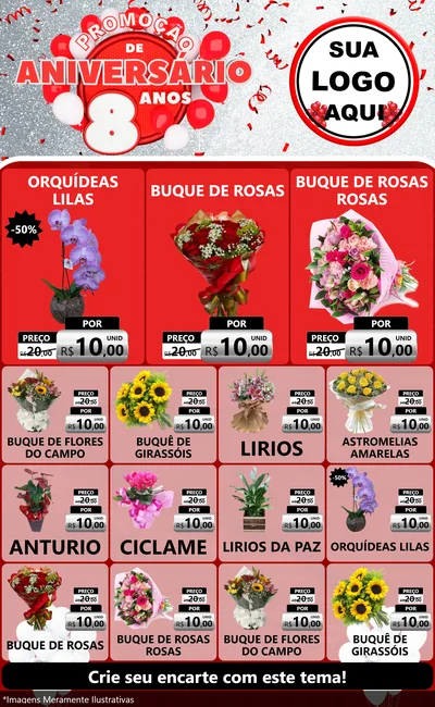 Modelo de Encarte para Encarte Grande com o tema Promoção de Aniversário - 8 Anos para Floricultura e jardim