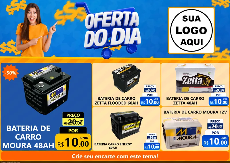Modelo de Encarte para Encarte A4 Horizontal com o tema Oferta do Dia para Baterias Elétricas