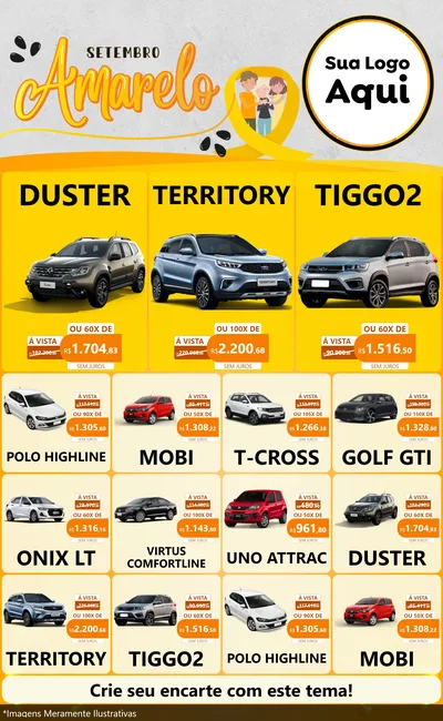 Modelo de Encarte para Encarte Grande com o tema Setembro Amarelo para Concessionaria de Carros