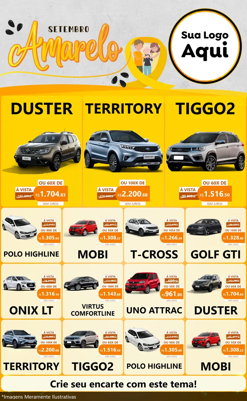 Modelo de Encarte para Encarte Grande com o tema Setembro Amarelo para Concessionaria de Carros