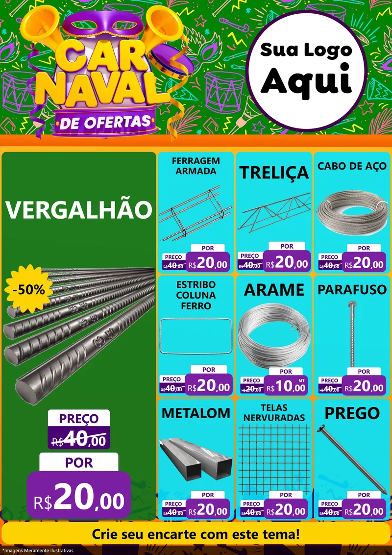 Modelo de Encarte para Encarte A4 Vertical com o tema Carnaval de Ofertas para Ferragens