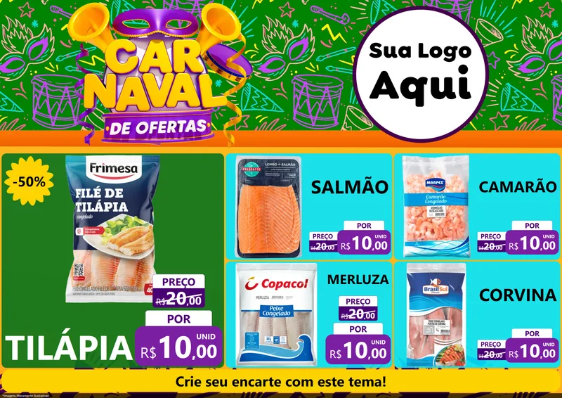 Modelo de Encarte para Encarte A4 Horizontal com o tema Carnaval de Ofertas para Peixaria
