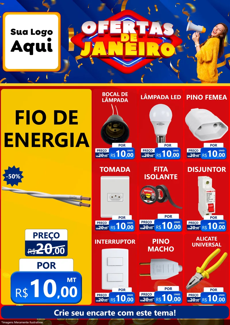 Modelo de Encarte para Encarte A4 Vertical com o tema Ofertas de Janeiro para Materiais Elétricos