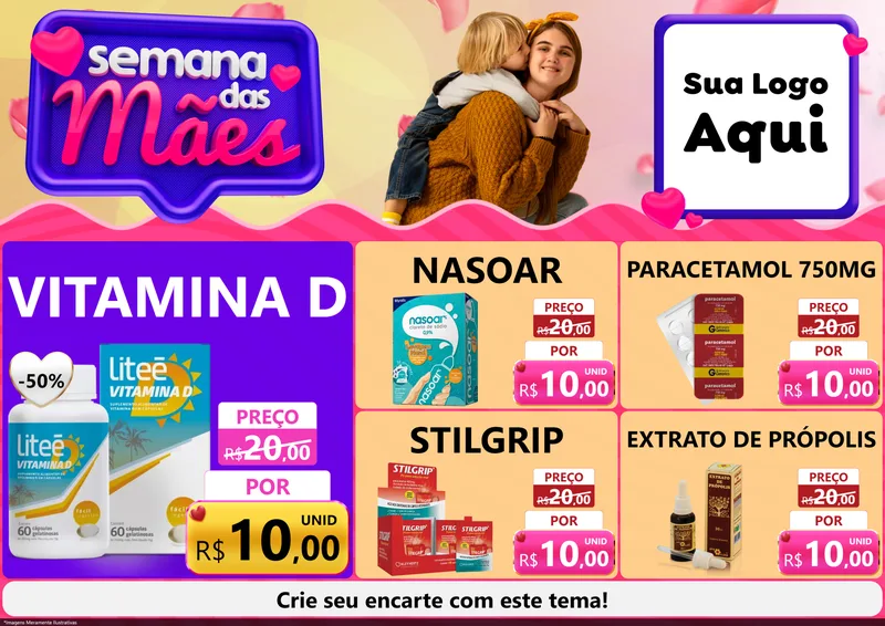 Modelo de Encarte para Encarte A4 Horizontal com o tema Semana das Mães para Farmácia