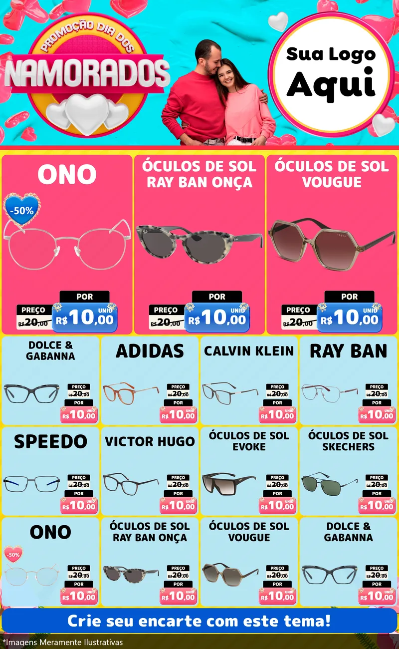 Modelo de Encarte para Encarte Grande com o tema Promoção Dia dos Namorados para Óticas