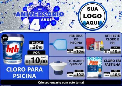 Modelo de Encarte para Encarte A4 Horizontal com o tema Promoção de Aniversário - 4 Anos para Produtos para Piscina