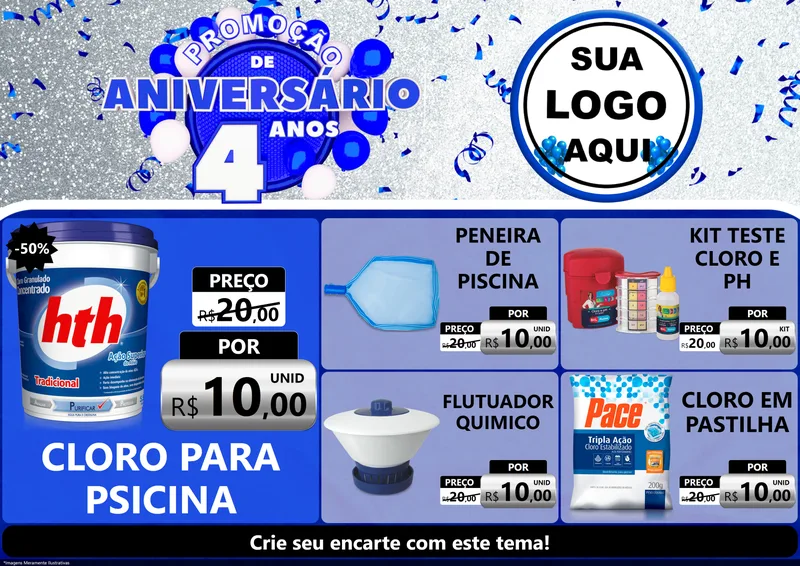 Modelo de Encarte para Encarte A4 Horizontal com o tema Promoção de Aniversário - 4 Anos para Produtos para Piscina