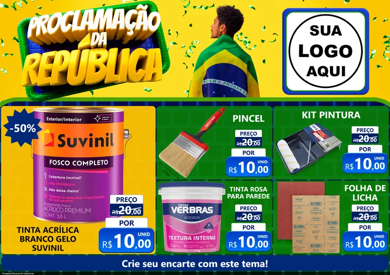 Modelo de Encarte para Encarte A4 Horizontal com o tema Proclamação da República para Tintas e Ferramentas
