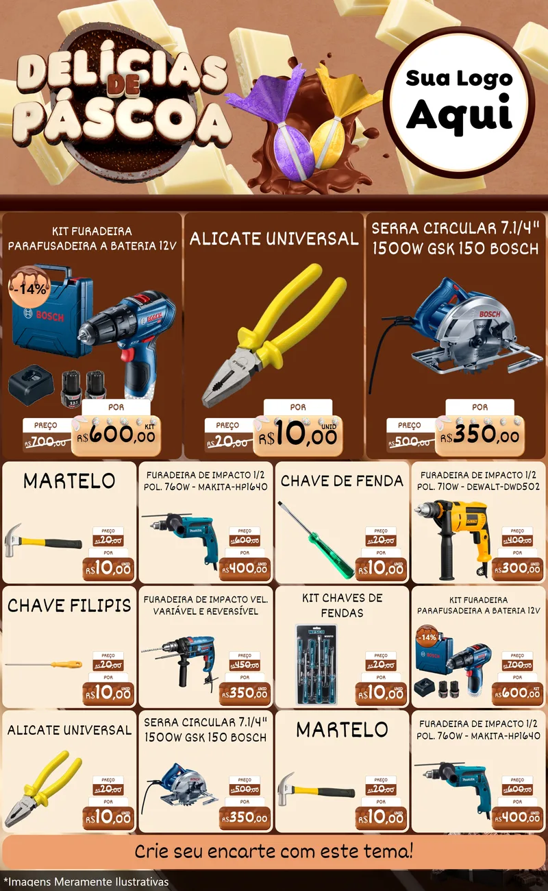 Modelo de Encarte para Encarte Grande com o tema Delícias de Páscoa para Maquinas e Ferramentas