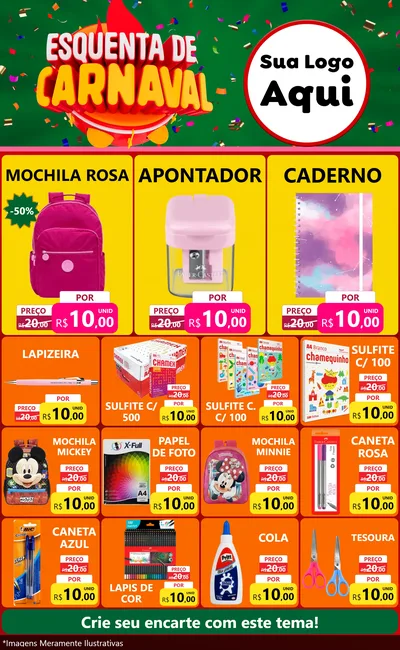 Modelo de Encarte para Encarte Grande com o tema Esquenta de Carnaval para Papelaria
