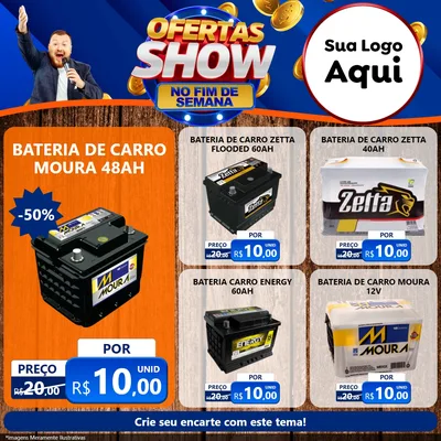 Modelo de Rede Social para Feed Facebook com o tema Ofertas Show No Fim De Semana para Baterias Elétricas