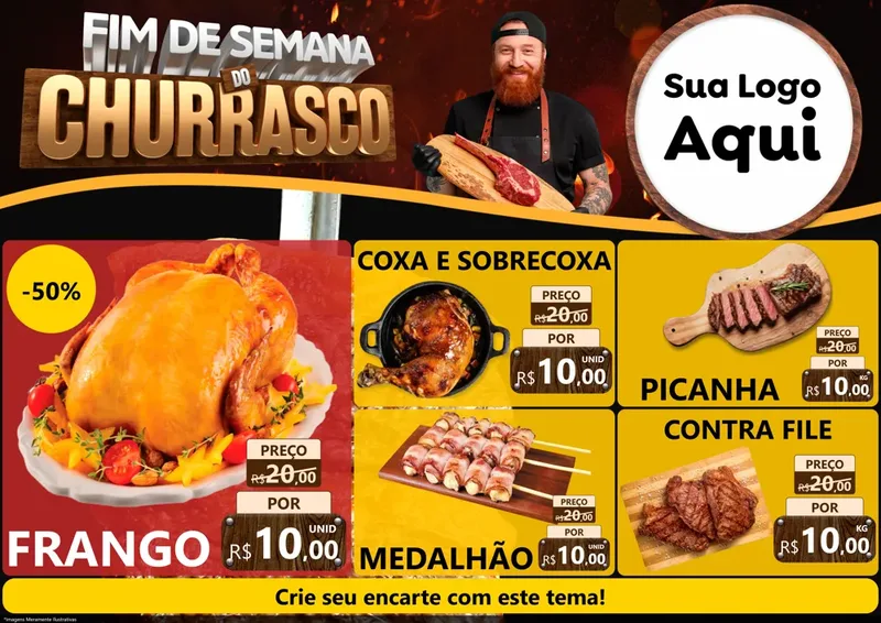 Modelo de Encarte para Encarte A4 Horizontal com o tema Fim de Semana do Churrasco para Assados