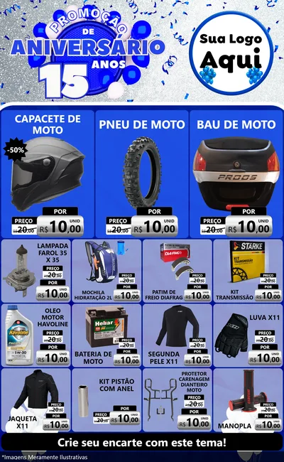 Modelo de Encarte para Encarte Grande com o tema Promoção de Aniversário - 15 Anos para Moto peças