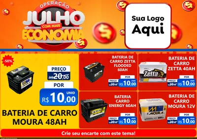 Modelo de Encarte para Encarte A4 Horizontal com o tema Operação Julho Com Mais Economia para Baterias Elétricas
