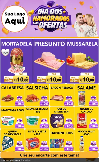 Modelo de Encarte para Encarte Grande com o tema Dia Dos Namorados Com Ofertas para Frios e Laticínios