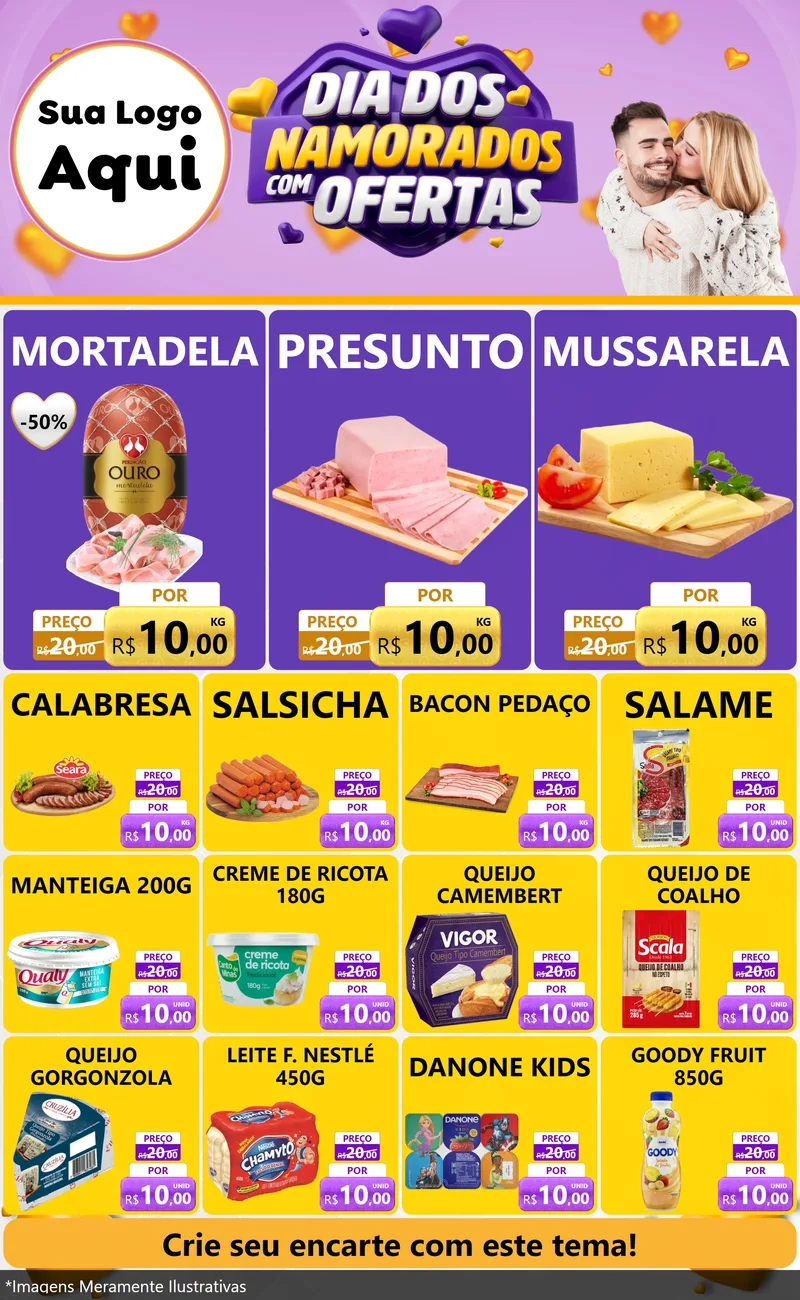 Modelo de Encarte para Encarte Grande com o tema Dia Dos Namorados Com Ofertas para Frios e Laticínios