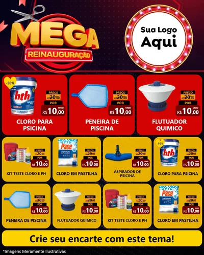 Modelo de Rede Social para Feed Instagram com o tema Mega Reinauguração para Produtos para Piscina
