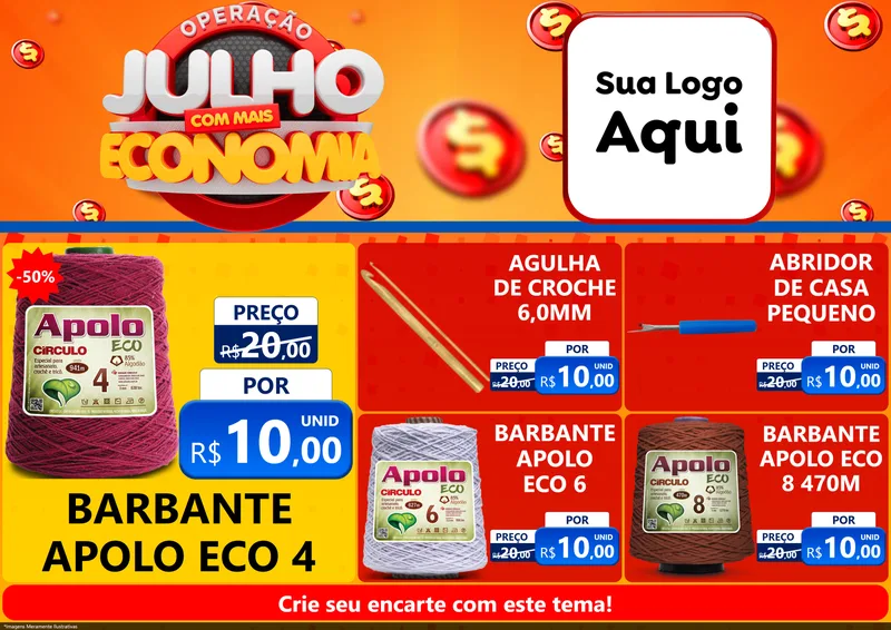 Modelo de Encarte para Encarte A4 Horizontal com o tema Operação Julho Com Mais Economia para Armarinho e Aviamentos