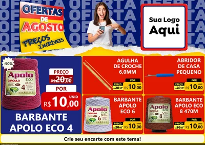Modelo de Encarte para Encarte A4 Horizontal com o tema Ofertas de Agosto - Preços Incríveis para Armarinho e Aviamentos