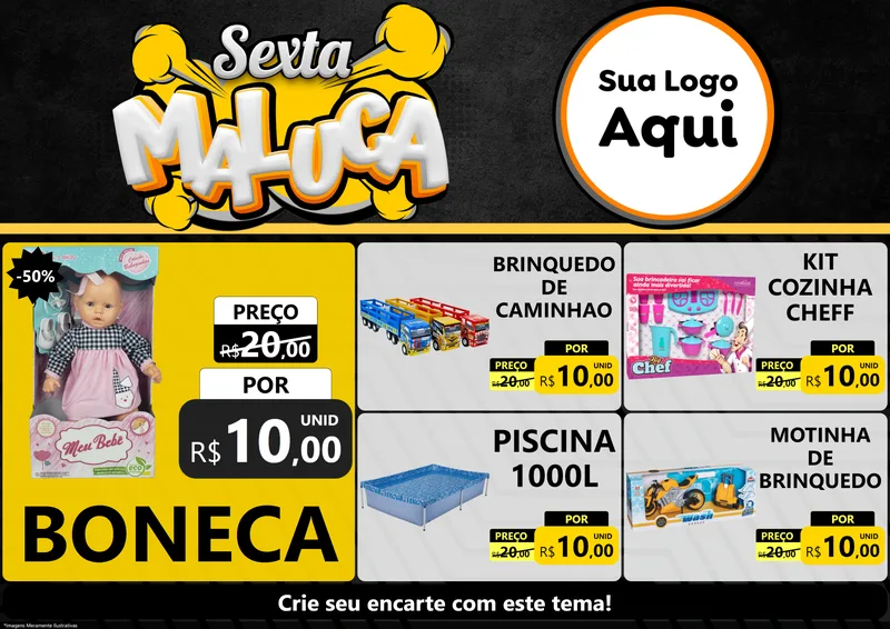 Modelo de Encarte para Encarte A4 Horizontal com o tema Sexta Maluca para Brinquedos