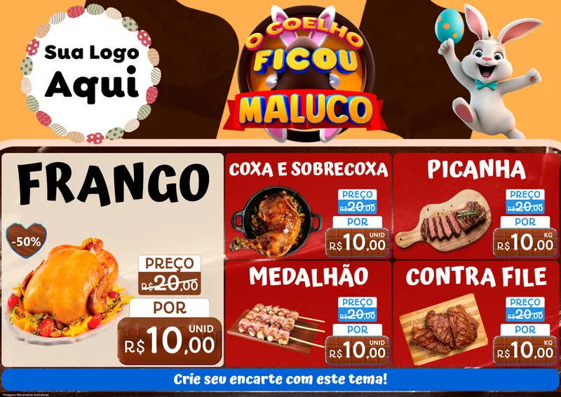 Modelo de Encarte para Encarte A4 Horizontal com o tema O Coelho Ficou Maluco - Páscoa para Assados