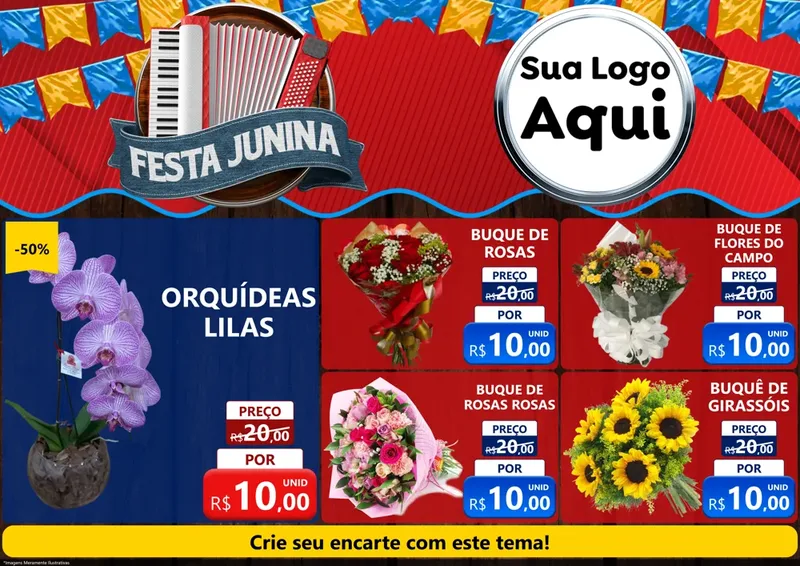 Modelo de Encarte para Encarte A4 Horizontal com o tema Festa Junina para Floricultura e jardim