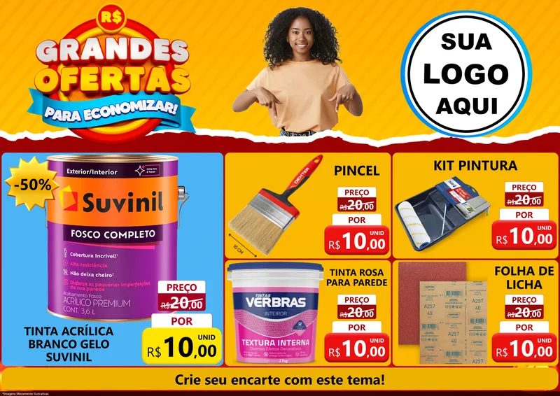 Modelo de Encarte para Encarte A4 Horizontal com o tema Grandes Ofertas Para Economizar! para Tintas e Ferramentas