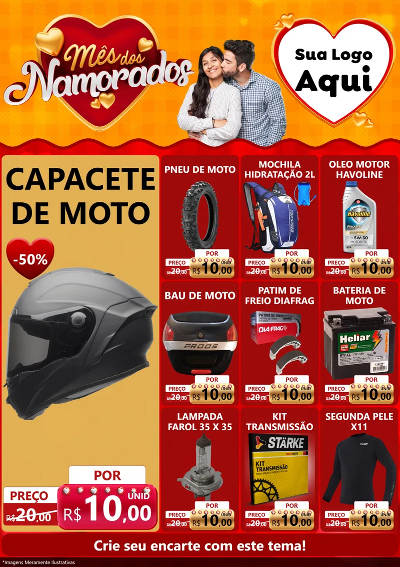 Modelo de Encarte para Encarte A4 Vertical com o tema Mês dos Namorados para Moto peças