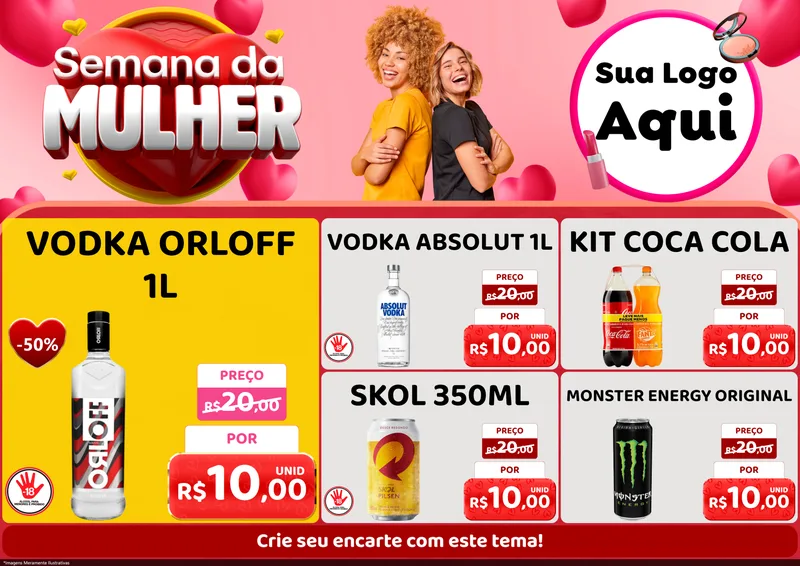 Modelo de Encarte para Encarte A4 Horizontal com o tema Semana da Mulher para Distribuidora de bebidas