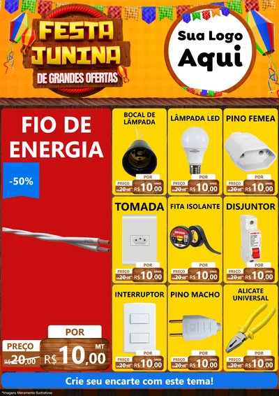 Modelo de Encarte para Encarte A4 Vertical com o tema Festa Junina de Grandes Ofertas para Materiais Elétricos