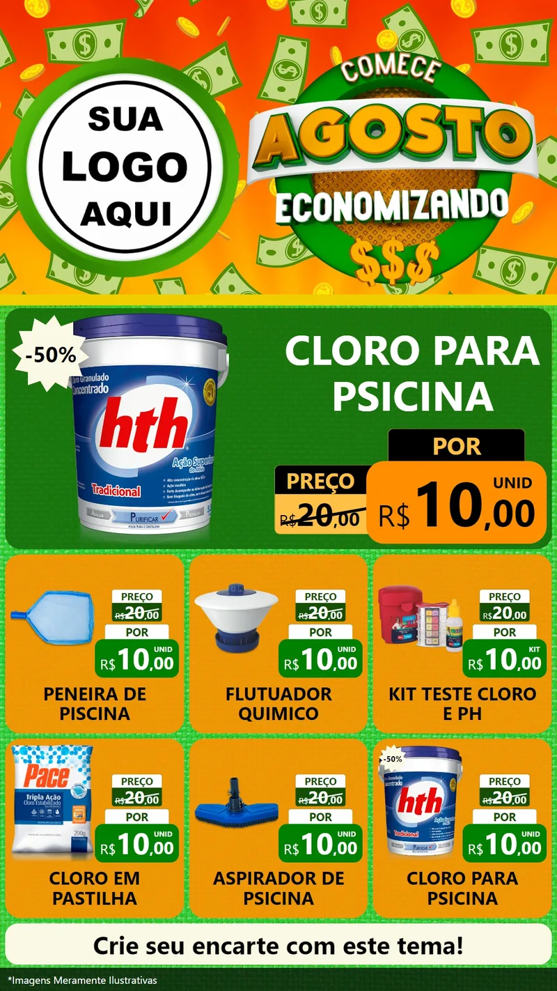 Modelo de Rede Social para Stories com o tema Comece Agosto Economizando para Produtos para Piscina