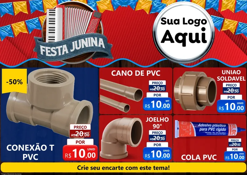 Modelo de Encarte para Encarte A4 Horizontal com o tema Festa Junina para Tubos e conexões