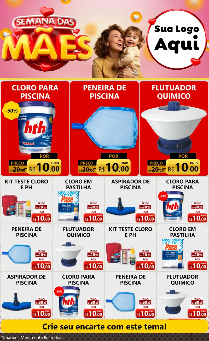 Modelo de Encarte para Encarte Grande com o tema Semana das Mães para Produtos para Piscina