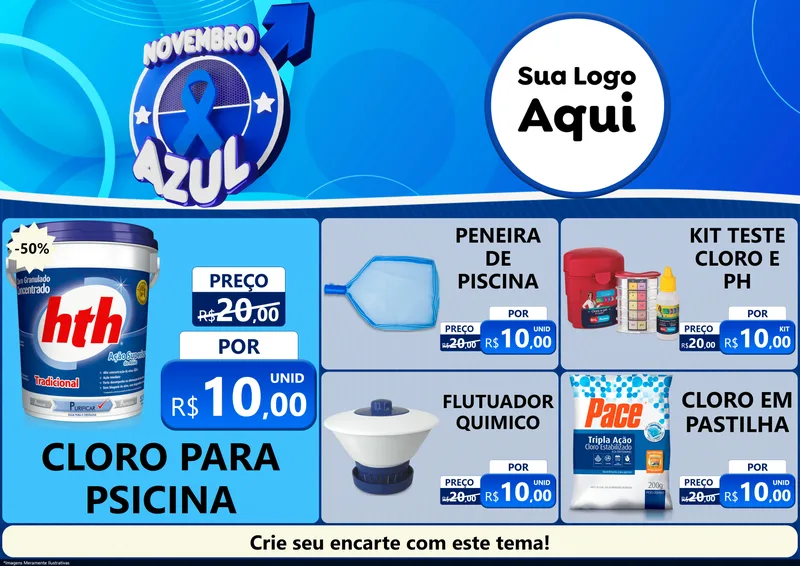 Modelo de Encarte para Encarte A4 Horizontal com o tema Novembro Azul para Produtos para Piscina