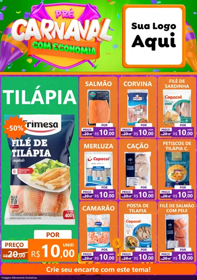 Modelo de Encarte para Encarte A4 Vertical com o tema Pré-Carnaval Com Economia para Peixaria