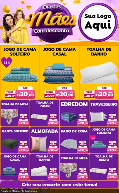 Modelo de Encarte para Encarte Grande com o tema Dia das Mães com Desconto para Cama, Mesa e Banho