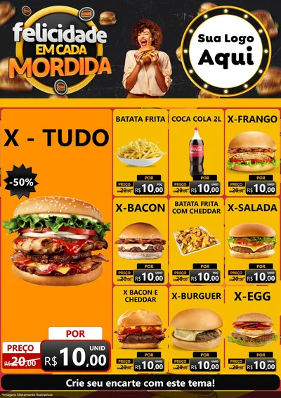 Modelo de Encarte para Encarte A4 Vertical com o tema Felicidade Em Cada Mordida para Hamburgueria