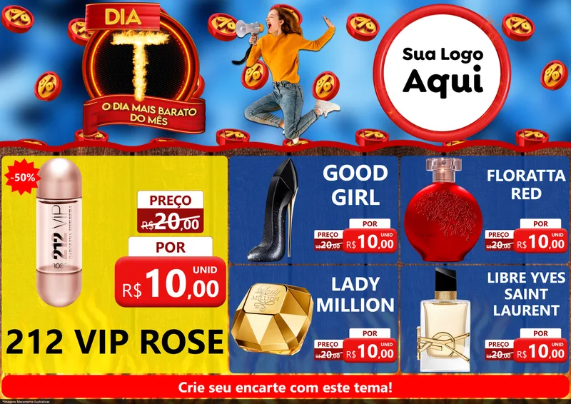Modelo de Encarte para Encarte A4 Horizontal com o tema Dia T - O Dia Mais Barato Do Mês para Perfumes