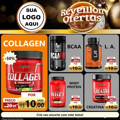 Modelo de Rede Social para Feed Facebook com o tema Réveillon de Ofertas para Suplementos alimentares