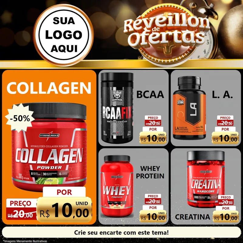 Modelo de Rede Social para Feed Facebook com o tema Réveillon de Ofertas para Suplementos alimentares